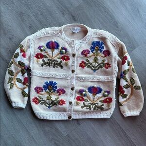 Embroidered hand knit Vintage Floral Women's Cardigan - Cream